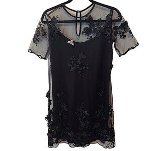 AND LARGE sheer black short sleeve dress with 3D embroidery.